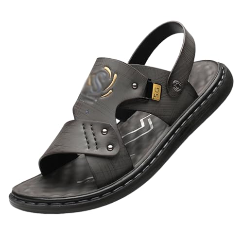 CLSQLXYJZC Herren-Strandschuhe In Übergröße, Herren-Sandalen Aus Leder Mit Weicher Sohle Offener Zehenpartie Fußgewölbeunterstützung Verstellbar Atmungsaktiv(A Gray,41 EU) von CLSQLXYJZC
