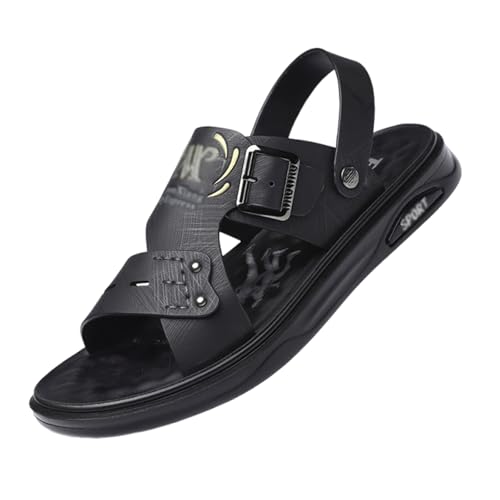 CLSQLXYJZC Herren-Strandschuhe In Übergröße, Herren-Sandalen Aus Leder Mit Weicher Sohle Offener Zehenpartie Fußgewölbeunterstützung Verstellbar Atmungsaktiv(B Black,44 EU) von CLSQLXYJZC