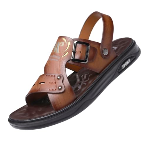 CLSQLXYJZC Herren-Strandschuhe In Übergröße, Herren-Sandalen Aus Leder Mit Weicher Sohle Offener Zehenpartie Fußgewölbeunterstützung Verstellbar Atmungsaktiv(B Brown,41 EU) von CLSQLXYJZC