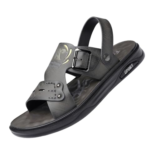 CLSQLXYJZC Herren-Strandschuhe In Übergröße, Herren-Sandalen Aus Leder Mit Weicher Sohle Offener Zehenpartie Fußgewölbeunterstützung Verstellbar Atmungsaktiv(B Gray,38 EU) von CLSQLXYJZC