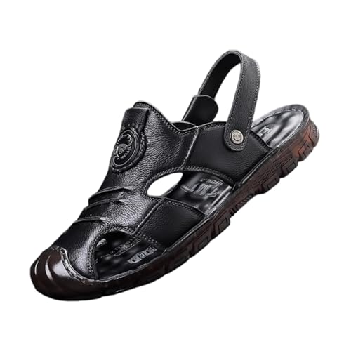 Herren-Outdoor-Strandsandalen Aus Leder Mit Geschlossener Zehenpartie Weicher Sohle Und Verstellbarer Fußgewölbeunterstützung, Lässige Flache Atmungsaktive Mit Zwei Einsatzmöglichkeiten(Black,42 EU) von CLSQLXYJZC