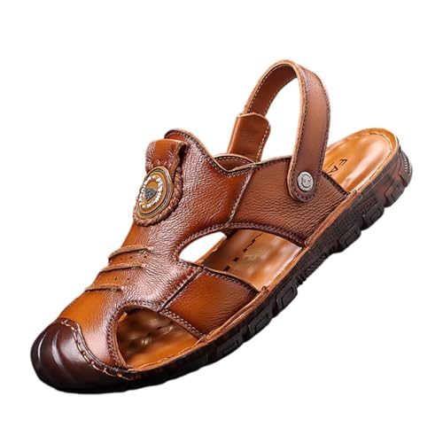 Herren-Outdoor-Strandsandalen Aus Leder Mit Geschlossener Zehenpartie Weicher Sohle Und Verstellbarer Fußgewölbeunterstützung, Lässige Flache Atmungsaktive Mit Zwei Einsatzmöglichkeiten(Brown,42 EU) von CLSQLXYJZC
