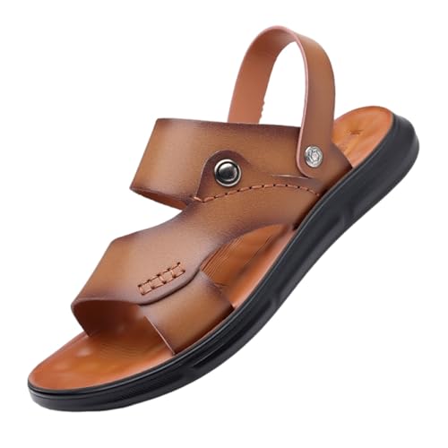 Herren-Sandalen Aus Leder Mit Fußgewölbeunterstützung Verstellbarer Zehenpartie Und Weicher Sohle, Rutschfeste Atmungsaktive Outdoor-Sandalen Mit Zwei Einsatzmöglichkeiten Strandschuhe(Khaki,44 EU) von CLSQLXYJZC