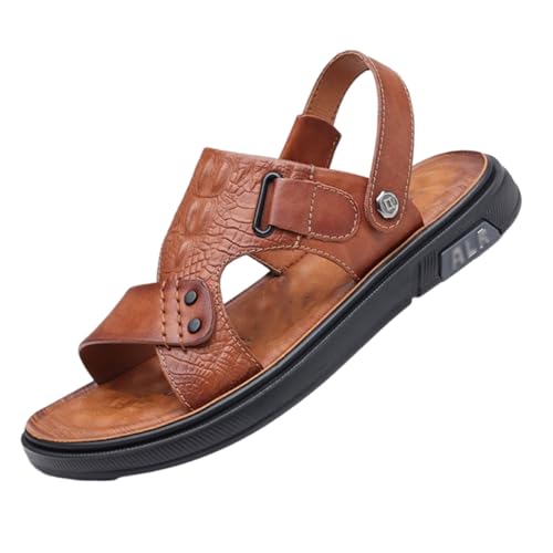 Herren-Strandsandalen Aus Leder Mit Offener Zehenpartie Rutschfester Fußgewölbeunterstützung Und Weicher Sohle, Atmungsaktive Verstellbare Sommersandalen Mit Zwei Einsatzmöglichkeiten(Brown,42 EU) von CLSQLXYJZC