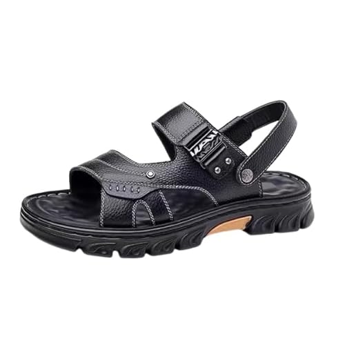 Offene Sommer-Wandersandalen, Komfortable, Atmungsaktive Herren-Strandsandalen Aus Leder Mit Fußgewölbeunterstützung, Leichter Rutschfester Strand-Arbeitsschuh Aus Leder In Übergröße(Black,44 EU) von CLSQLXYJZC