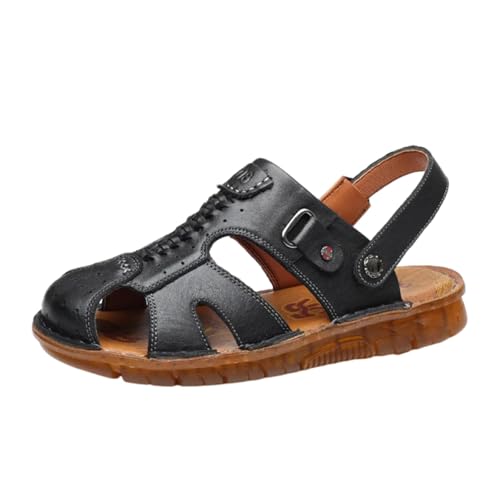Retro-Strandschuhe Mit Rutschfester Sohle, Herren-Sommersandalen Aus Leder Mit Geschlossener Zehenpartie Und Verstellbarem Fersenriemen, Strapazierfähige Slip-On-Rindersehnensohle(Black,41 EU) von CLSQLXYJZC