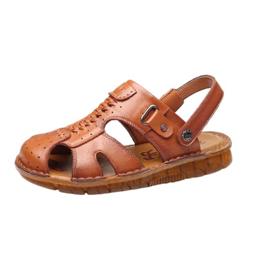 Retro-Strandschuhe Mit Rutschfester Sohle, Herren-Sommersandalen Aus Leder Mit Geschlossener Zehenpartie Und Verstellbarem Fersenriemen, Strapazierfähige Slip-On-Rindersehnensohle(Yellow-brown,44 EU) von CLSQLXYJZC