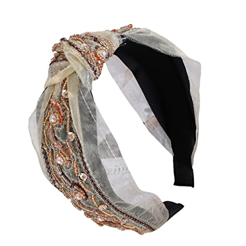 CLSSLVVBN Haarbänder Fliege Twist Knoten Stirnband Haarband Stickerei Glitzer Perlen Wrap Turban Breite verstellbare Stirnbänder Damen Accessoires, Beige Perlenknoten von CLSSLVVBN