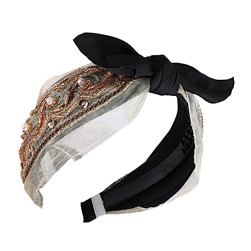 CLSSLVVBN Haarbänder Fliege Twist Knoten Stirnband Haarband Stickerei Glitzer Perlen Wrap Turban Breite verstellbare Stirnbänder Damen Accessoires, Beige Perlenschleife von CLSSLVVBN