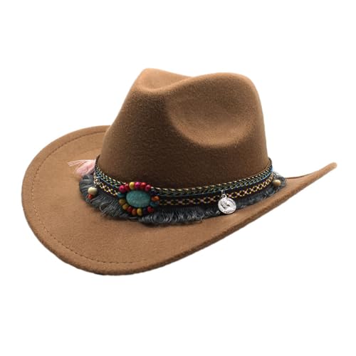CLSSLVVBN Modische Kinder Wolle Hohl Western Cowboy Hut Für Kinder Cowboy Hut Mit Quaste Gürtel Polyester Cowgirl Sombrero Kappe, Khaki von CLSSLVVBN