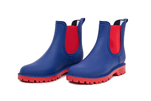 CLUB4BRANDS Damen Lifestyle-Stiefelette, Kurzschaft Gummi-Stiefel, Chelsea Boots, Gummistiefeletten mit Extra Kaps Actifresh Einlegesohlen, Regenstiefel, Made in Italy (37 - Royalblau/Rot) von CLUB4BRANDS