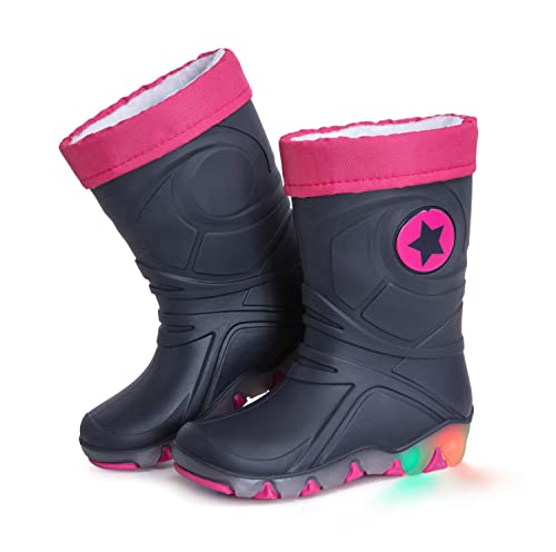 CLUB4BRANDS Kinder-Regenstiefel | Gummistiefel mit herausnehmbarem Warmfutter | Blinkeffekt in der Sohle | Reflektierende Details von 3M Scotchlite | Made in Italy (26/27 - Blau/Fuchsia) von CLUB4BRANDS