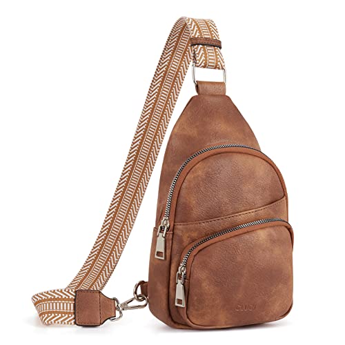 CLUCI Klein Brusttasche Damen Crossbody Bag, Sling Bag PU Leder für Damen und Herren, kleine Umhängetasche Sport，Bauchtasche Gürteltasche Breiter Gurt für Outdoor Reisen Braun von CLUCI