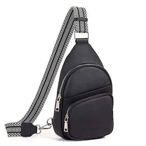 CLUCI Klein Brusttasche Damen Crossbody Bag, Sling Bag PU Leder für Damen und Herren, kleine Umhängetasche Sport，Bauchtasche Gürteltasche Breiter Gurt für Outdoor Reisen Schwarz mit Braun von CLUCI