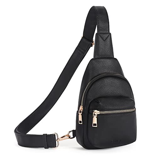 CLUCI Brusttasche Damen Sling Bag, Crossbody Bag damen Klein Umhängetasche diebstahlsicher, Gürteltasche PU Leder, Schultertasche Breiter Gurt für Outdoorsport Reisen Schwarz von CLUCI