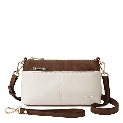 CLUCI Crossbody Bag Damen, Klein Umhängetasche PU Leder, Handy schultertasche, Reißverschlusstasche Handytasche zum Umhängen Damen Beige mit Braun von CLUCI