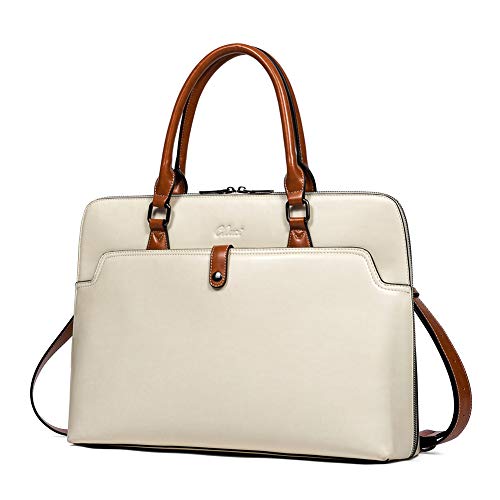 CLUCI Damen Aktentasche Ölwachs Leder 15.6 Zoll Laptoptasche Vintage Schlank Aktenkoffer Groß Businesstasche Frauen Schultertasche Elegant Beige mit Braun von CLUCI