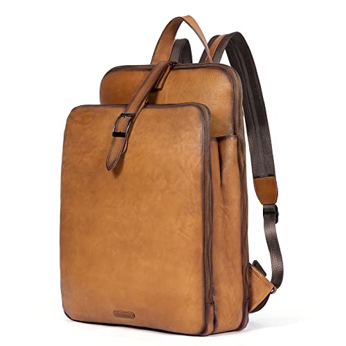 CLUCI Damen Rucksack Echtleder Groß Laptoptasche für 15.6 Zoll Laptop Frauen Reisetasche Vintage Businesstasche Schultertasche Gelb-Braun von CLUCI