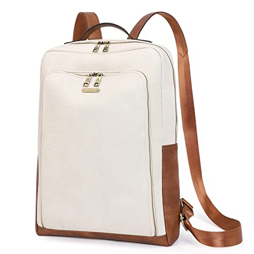 CLUCI Damen Rucksackhandtaschen PU Lederrucksack Damen Groß Laptoptasche für 15.6 Zoll Frauen Reisetasche Vintage Arbeitstasche Schultertasche Beige mit Braun von CLUCI