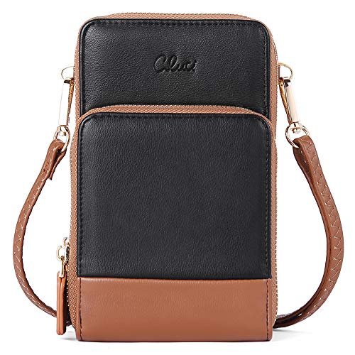 CLUCI Handy Umhängetasche Damen PU Leder Retro Portemonnaie Kleine Geldbörse Damen Schultertasche mit Kartenfächer Schwarz mit Braun von CLUCI