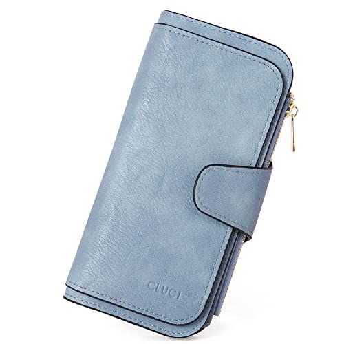 CLUCI Geldbörse Damen Weich Leder Lang Clutch Portemonnaie Damen Groß Geldbeutel Viele Kartenfächer für Frauen Denim Blau von CLUCI