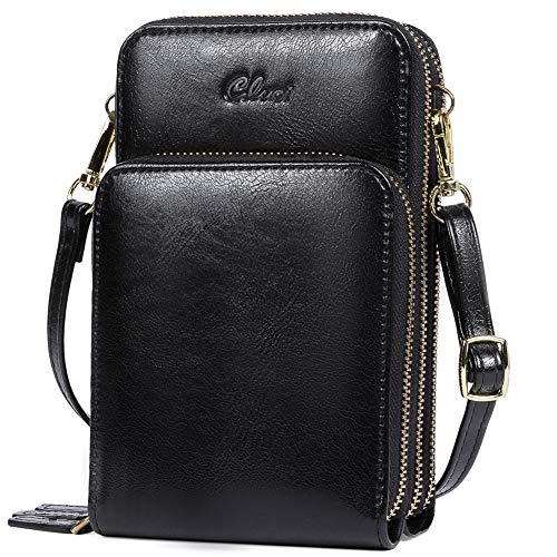 CLUCI Handy Umhängetasche Damen Klein Crossbody Clutch Leder Handytasche mit Geldbörse Damen Schultertasche mit Kartenfächer Ölwachs Schwarz von CLUCI