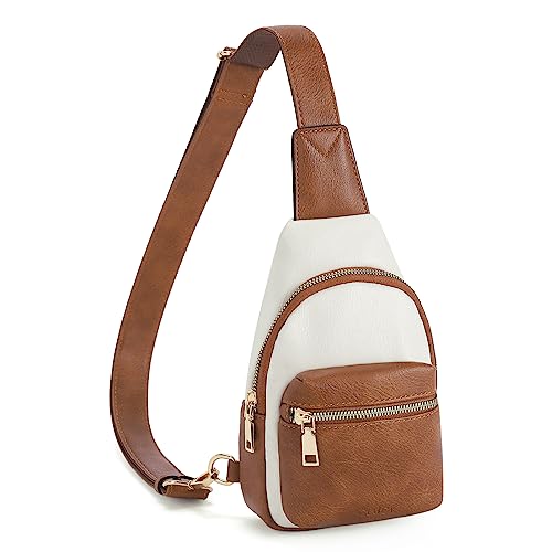 CLUCI Brusttasche Damen Sling Bag, Crossbody Bag damen Klein Umhängetasche diebstahlsicher, Gürteltasche PU Leder, Schultertasche Breiter Gurt für Outdoorsport Reisen Weiß mit Braun von CLUCI