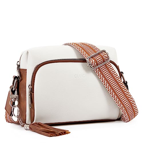 CLUCI Umhängetasche Damen, Crossbody Bag Breiter Gurt, Handy Schultertasche PU Leder, Handtasche , Klein mit Fransen Verstelbaar Schultergurt Beige mit Schwarz von CLUCI