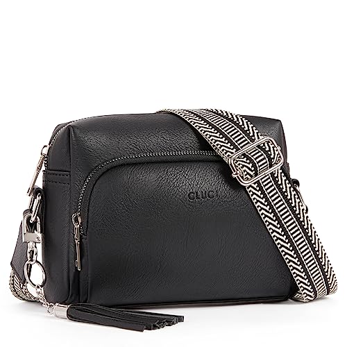 CLUCI Umhängetasche Damen, Crossbody Bag Breiter Gurt, Handy Schultertasche PU Leder, Handtasche, Klein mit Fransen Verstelbaar Schultergurt Schwarz von CLUCI