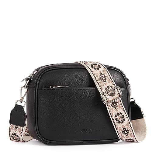 CLUCI Umhängetasche Damen, Crossbody Bag Damen Breiter Gurt PU Leder, Handtasche zum Umhängen, Schultertasche für Frauen mit einstellbarem breitem Riemen Schwarz von CLUCI