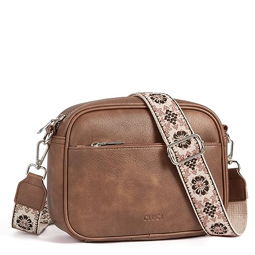 CLUCI Umhängetasche Damen, Crossbody Bag Damen Breiter Gurt PU Leder, Handtasche zum Umhängen, Schultertasche für Frauen mit einstellbarem breitem Riemen Braun von CLUCI