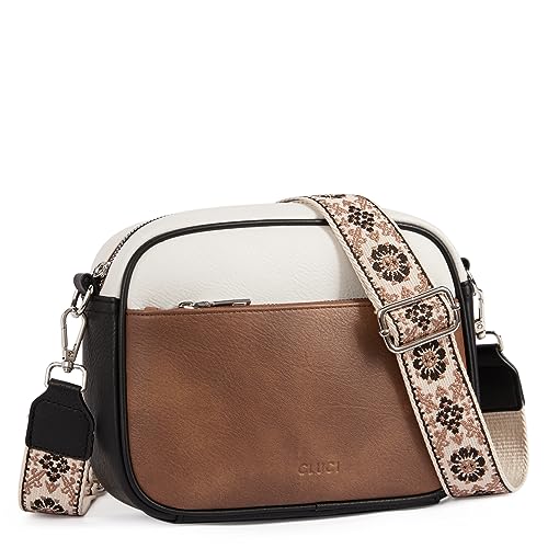 CLUCI Umhängetasche Damen, Crossbody Bag Damen Breiter Gurt PU Leder, Handtasche zum Umhängen, Schultertasche für Frauen mit einstellbarem breitem Riemen Schwarz mit Braun Beige von CLUCI