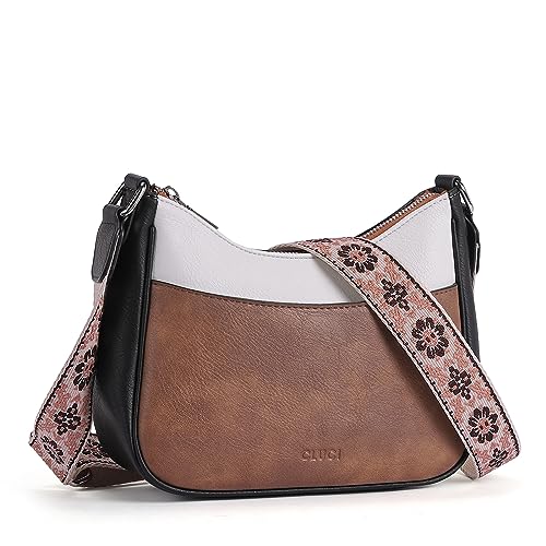 CLUCI Umhängetasche Damen, PU Leder Handtasche Damen Crossbody Bag Damen，Handytasche zum Umhängen，Schultertasche für Frauen mit Einzigartige verstellbarem Farbigem Riemen，braun mit schwarz und weiß von CLUCI