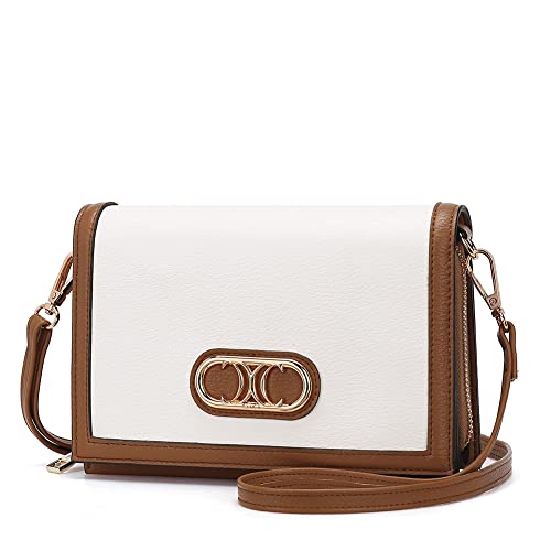 CLUCI Umhängetasche Damen Kleine Geldbörsen mit verstellbarem Riemen Vegane Lederklappe Leichte Schulterhandtasche Beige mit Braun von CLUCI