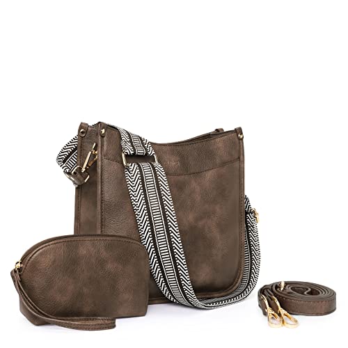 CLUCI Umhängetasche für Damen,Handtasche PU Leder mittelgroß Crossbody Bag mit Geldbörse, 2-teiliges Set Schultertasche für Frauen mit Zwei austauschbare Bedingungen Schultergurte,Kaffee von CLUCI