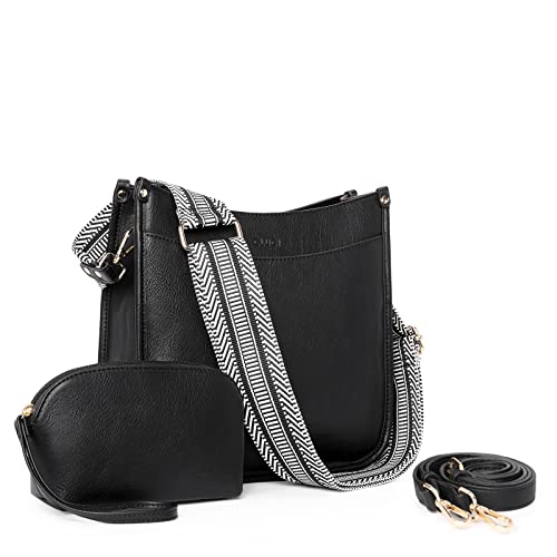 CLUCI Umhängetasche für Damen,Handtasche PU Leder mittelgroß Crossbody Bag mit Geldbörse, 2-teiliges Set Schultertasche für Frauen mit Zwei austauschbare Bedingungen Schultergurte,Schwarz von CLUCI