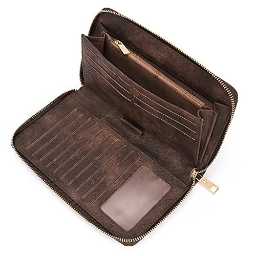 Geldbörse Damen Leder Gross Frauen Clutch Portemonnaie Groß Geldbeutel Lang Portmonee mit 15 Kartenfächer Braun von CLUCI