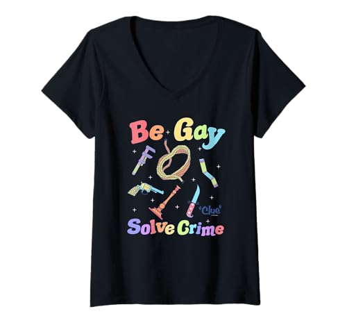 Damen Clue Be Gay Solve Crime Colorful Weapons Distressed Style T-Shirt mit V-Ausschnitt von CLUE