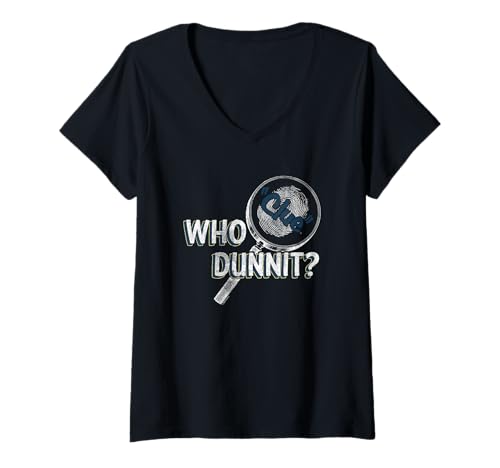 Damen Clue who Dunnit? Searching Clues Distressed Style Art T-Shirt mit V-Ausschnitt von CLUE