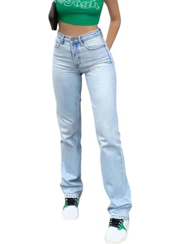 Damen Jeans Denim Frauen Straight Hosen Taschen Hohe Taille -Knöchellänge Locker Verzweifelt-Hellblau-L von JosuE