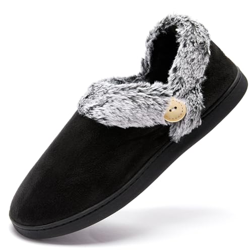 CLYCTIP Damen Hausschuhe Indoor Memory Foam Warme Hausschuhe mit Kunstfellfutter und Rutschfester Sohle Damen Winter Hausschuhe, Schwarz , 41/42 EU von CLYCTIP