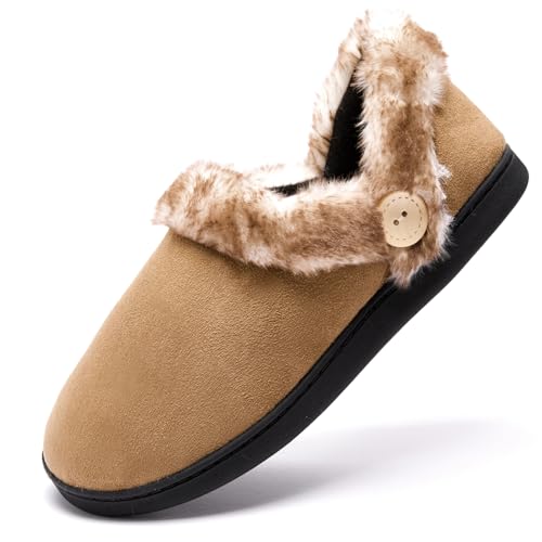 CLYCTIP Damen Hausschuhe Indoor Memory Foam Warme Hausschuhe mit Kunstfellfutter und Rutschfester Sohle Damen Winter Hausschuhe, khaki, 37/37.5 EU von CLYCTIP