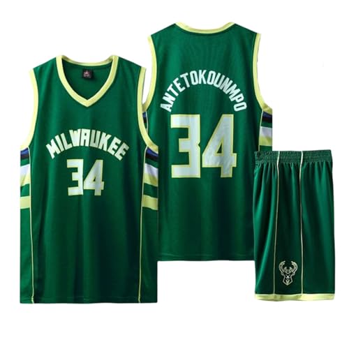 CLZWFZ 34#Basketball Trikot Kit Kinder Fans Trikot Jungen Sportbekleidung Ärmellose Basketballweste Tops und Shorts Sport Set Sommer Trainingsanzug Geschenke für Jungen Grils,Grün,XXS von CLZWFZ