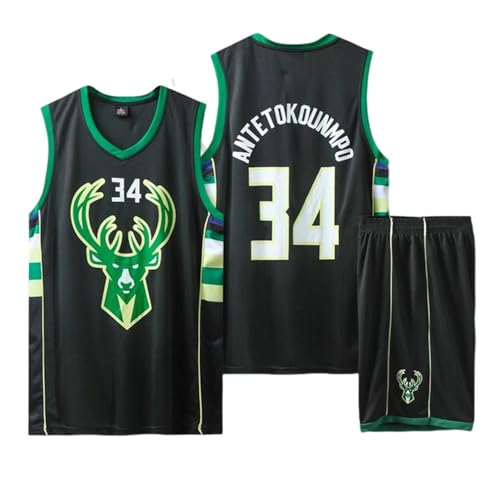 CLZWFZ 34#Basketball Trikot Kit Kinder Fans Trikot Jungen Sportbekleidung Ärmellose Basketballweste Tops und Shorts Sport Set Sommer Trainingsanzug Geschenke für Jungen Grils,Schwarz,L von CLZWFZ