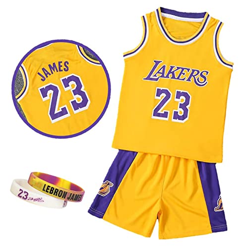 CLZWFZ La k er s Basketball Trikot Kit Kinder # 23 Fans Trikot Jungen Sweatshirt Ärmellose Jungen Basketball Weste Tops und Sport Shorts Set Trainingsanzug,Gelb,3XS von CLZWFZ