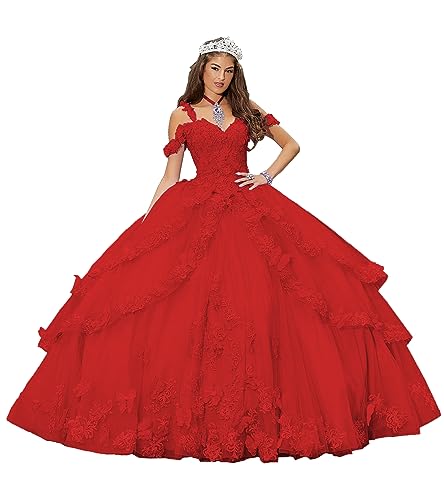 CLcaojun Ballkleid Bestickte Quinceanera Kleider Tiered Sweet 16 Prom Party Prinzessin Kleid, rot, 54 von CLcaojun