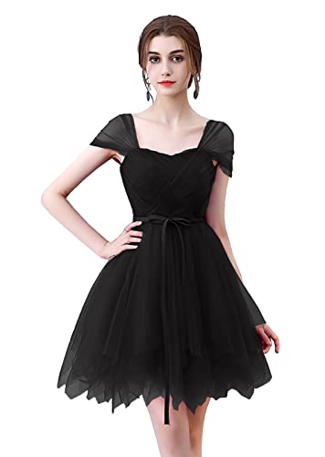 CLcaojun Damen Kurz Tüll Homecoming Kleider A Linie Criss-Cross Ärmellos Abschlussfeier Party Kleid mit Schleife Gürtel, Schwarz , 52 von CLcaojun