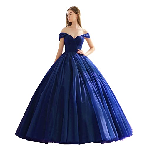 CLcaojun Damen Schulterfrei A Linie Tüll Ballkleid Plissee Herz Ausschnitt Abendkleid Elegant Lange Prinzessin Ballkleider, königsblau, 38 von CLcaojun