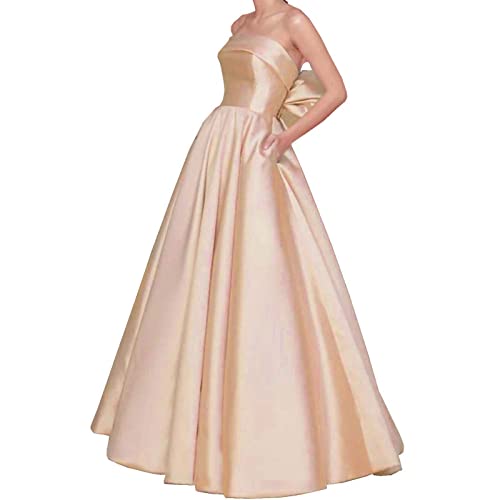 CLcaojun Damen Trägerlos Bodenlang Satin Schleife Abendkleider mit Tasche A Linie Lang Einfach Elegant Ballkleider, beige, 44 von CLcaojun