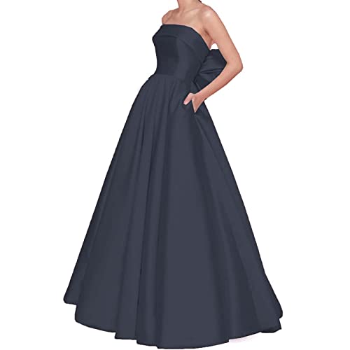 CLcaojun Damen Trägerlos Bodenlang Satin Schleife Abendkleider mit Tasche A Linie Lang Einfach Elegant Ballkleider, marineblau, 36 von CLcaojun